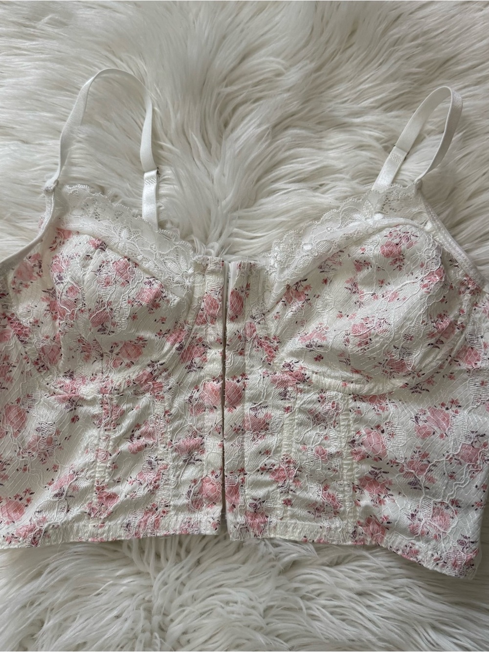 SHEIN White Floral Lace Longline Bralette with Pink Roses